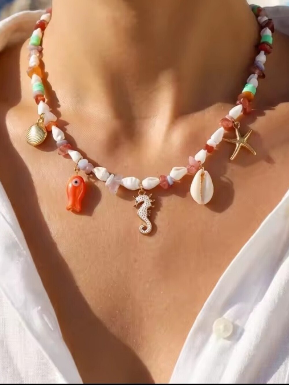 New! Coastal Bohemian Beaded Charm Necklace Starfish, Seahorse • NWOT